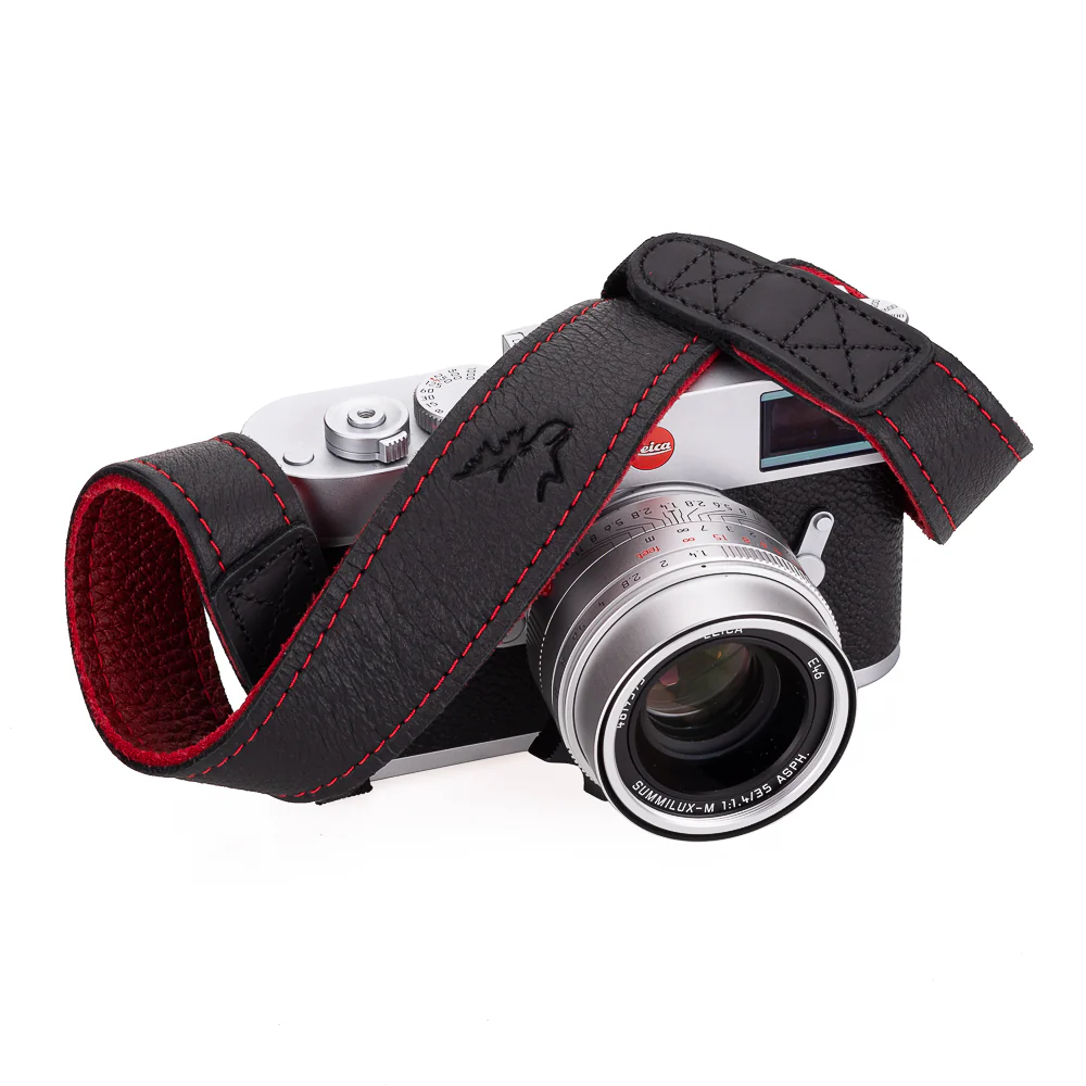 EDDYCAM Elk Leather Neck Strap, 35mm Wide, Black/Red with Red Stitching - Image 4