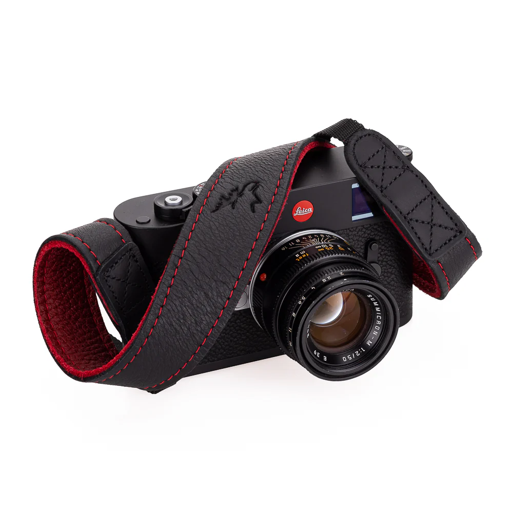 EDDYCAM Elk Leather Neck Strap, 35mm Wide, Black/Red with Red Stitching - Image 5