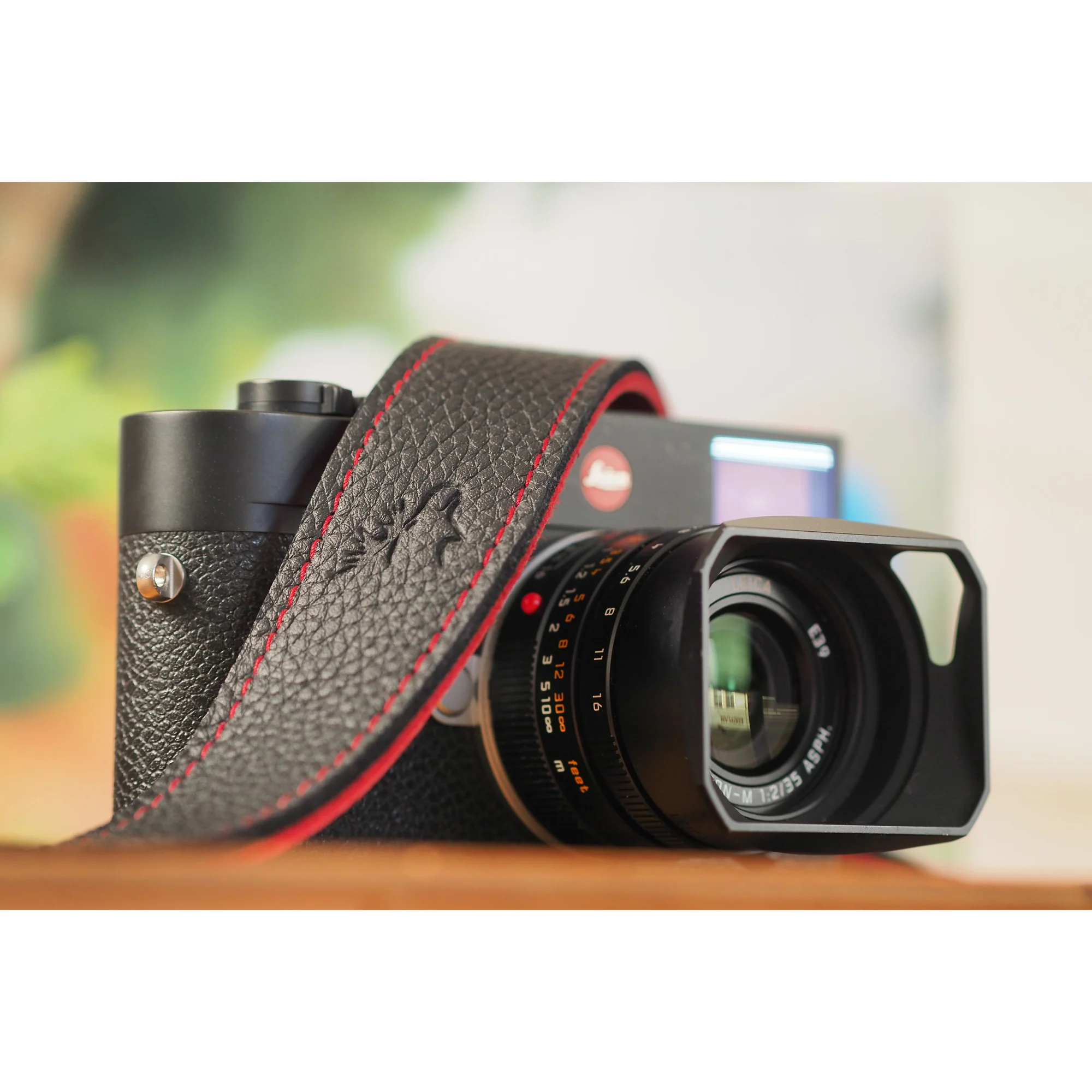 EDDYCAM Elk Leather Neck Strap, 35mm Wide, Black/Red with Red Stitching - Image 6