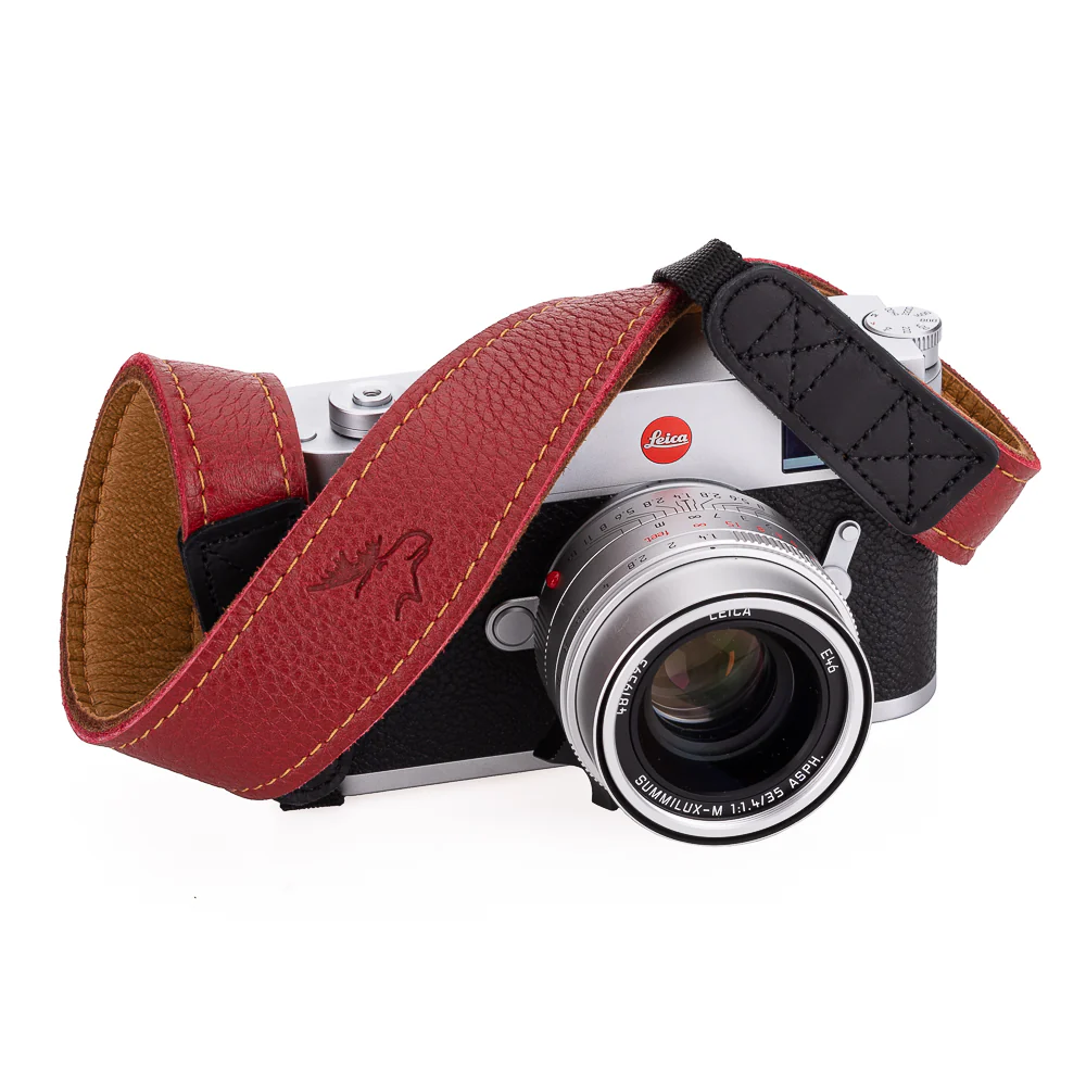 EDDYCAM Elk Leather Neck Strap, 35mm Wide, Red/Natural with Natural Stitching - Image 4