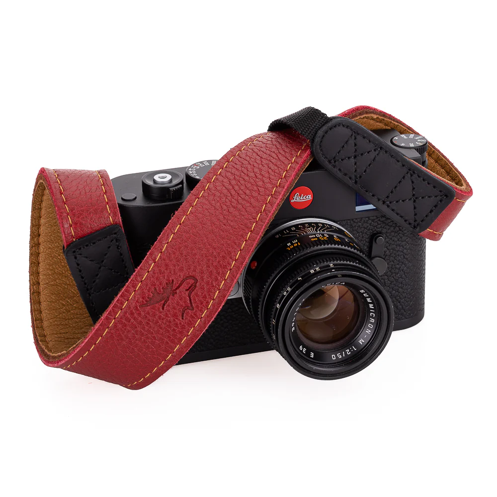EDDYCAM Elk Leather Neck Strap, 35mm Wide, Red/Natural with Natural Stitching - Image 5