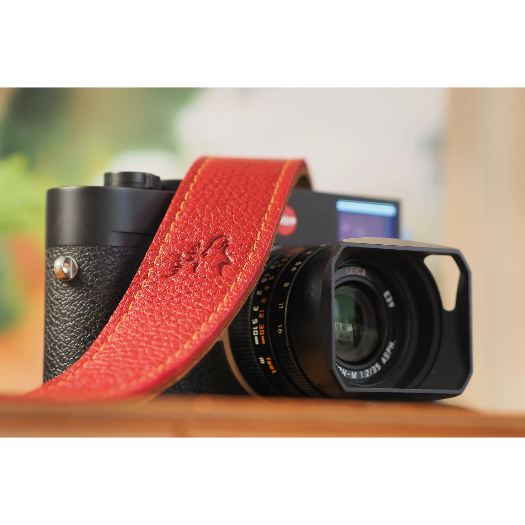 EDDYCAM Elk Leather Neck Strap, 35mm Wide, Red/Natural with Natural Stitching - Image 6